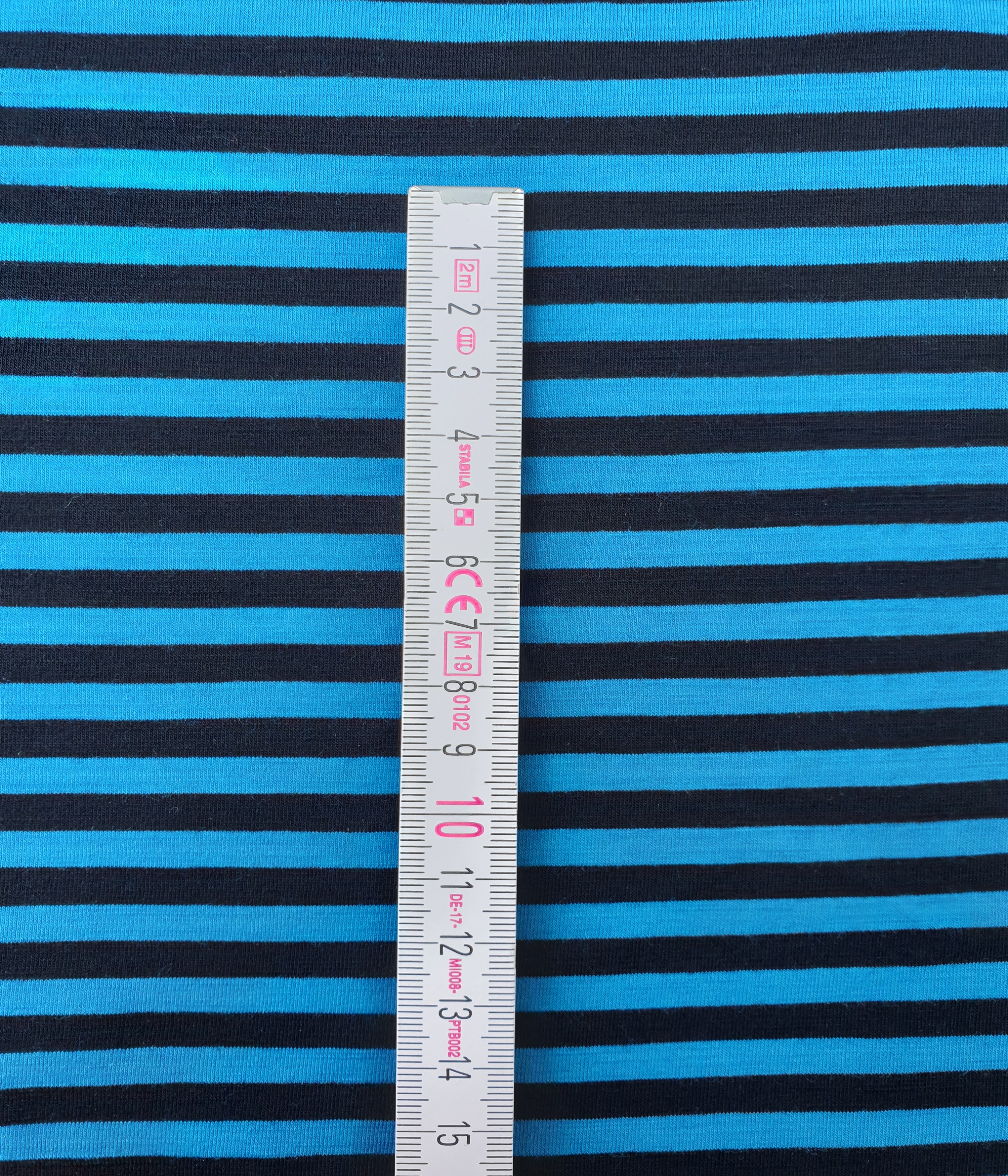 120 cm Dickerer Merino Singlejersey Karibikblau / Schwarz gestreift   